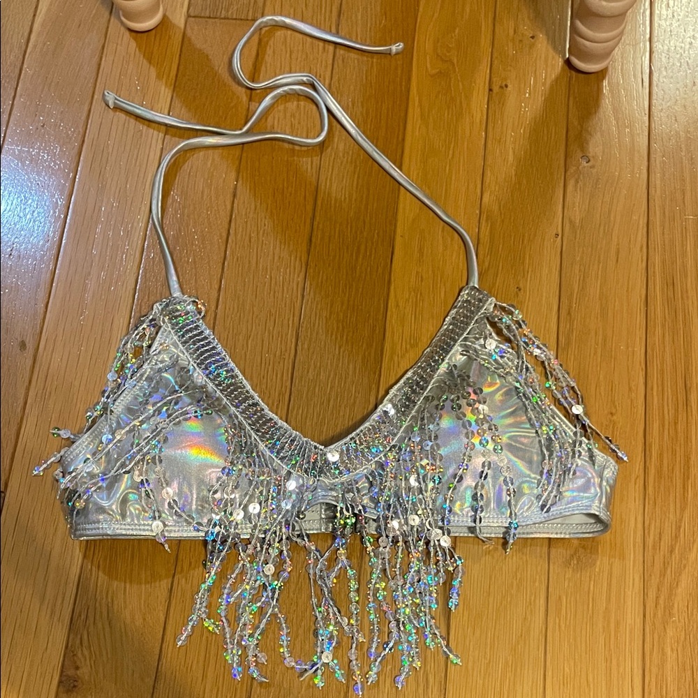 *FREE* NWT SHEIN silver holographic sparkly bikini top